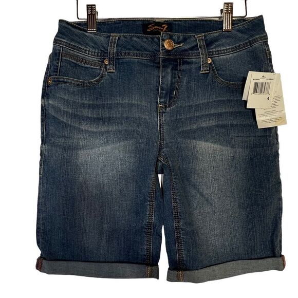Seven7 Bermuda Denim Shorts Women Size 4 Blue Stretch Whiskers nwt - Picture 2 of 13